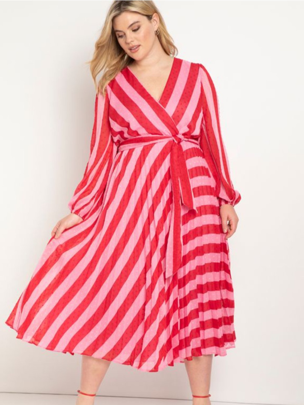ELOQUII Striped Midi Faux Wrap Dress Size 22 Pink Red Swiss Dot Bright Bold